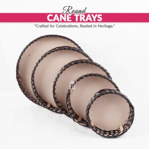 Set of 5 - Round Cane Trays – Brown & White Handwoven Serving and Gifting Trays