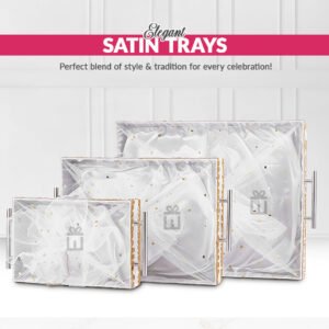Set of 3 - White Fabric Satin Trays Set – Decorative Display & Wedding Trays